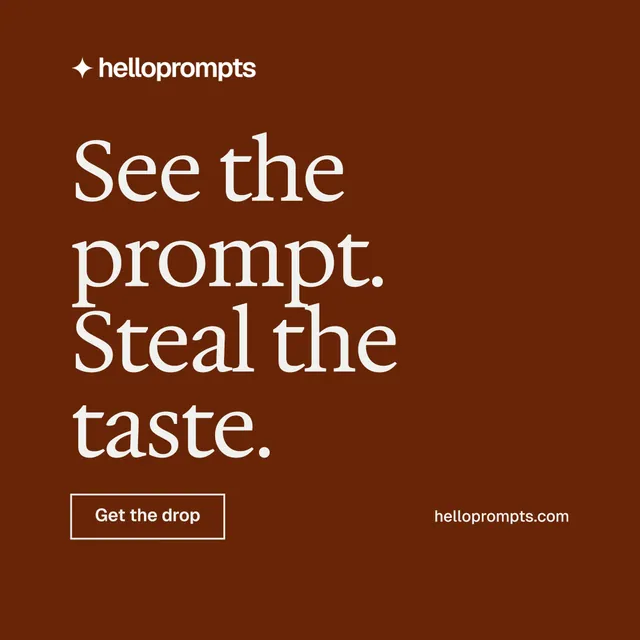 Instagram post for HelloPrompts: "See the prompt. Steal the taste." Editorial style, poster layout, dark palette in orange, brown.