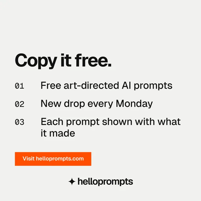 Instagram post for HelloPrompts: "Copy it free." Swiss style, numbered layout, light palette in white, brown.