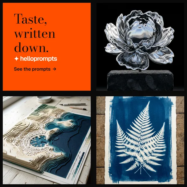 Instagram post for HelloPrompts: "Taste, written down." Minimal luxury style, collage layout, dark palette in black, brown, grey.