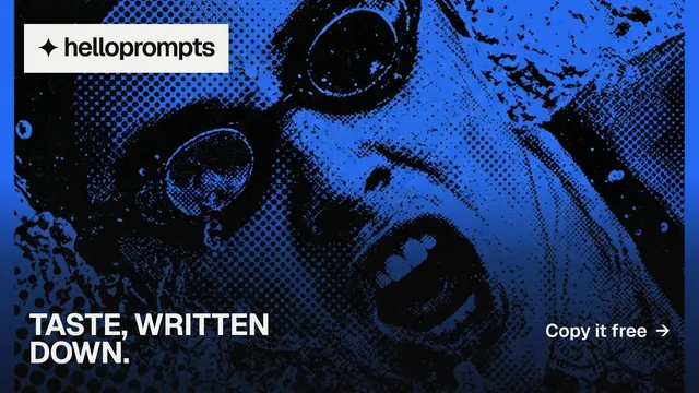 Landscape graphic for HelloPrompts: "Taste, written down." Split block style, image led layout, dark palette in blue, black.
