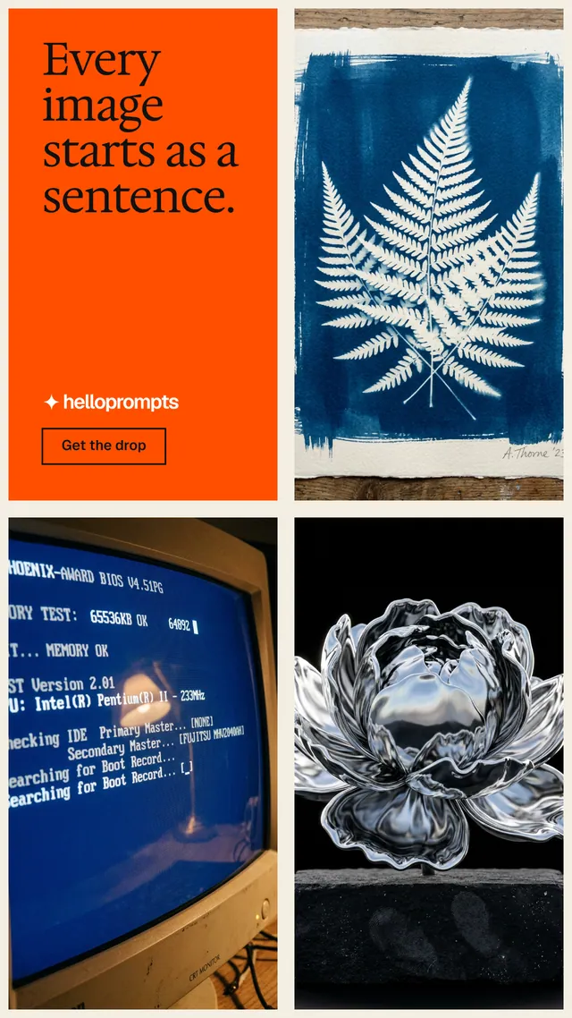 Instagram story for HelloPrompts: "Every image starts as a sentence." Editorial style, collage layout, dark palette in blue, orange, grey.