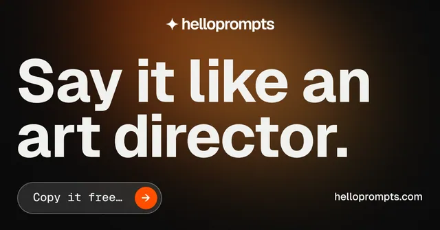 Social ad for HelloPrompts: "Say it like an art director." Agentic glass style, poster layout, dark palette in black, orange, grey.