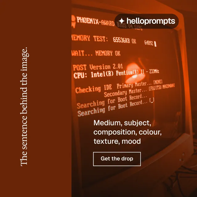 Instagram post for HelloPrompts: "The sentence behind the image." Editorial style, vertical layout, dark palette in orange, brown.