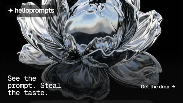 Landscape graphic for HelloPrompts: "See the prompt. Steal the taste." Swiss style, image led layout, dark palette in grey, black.