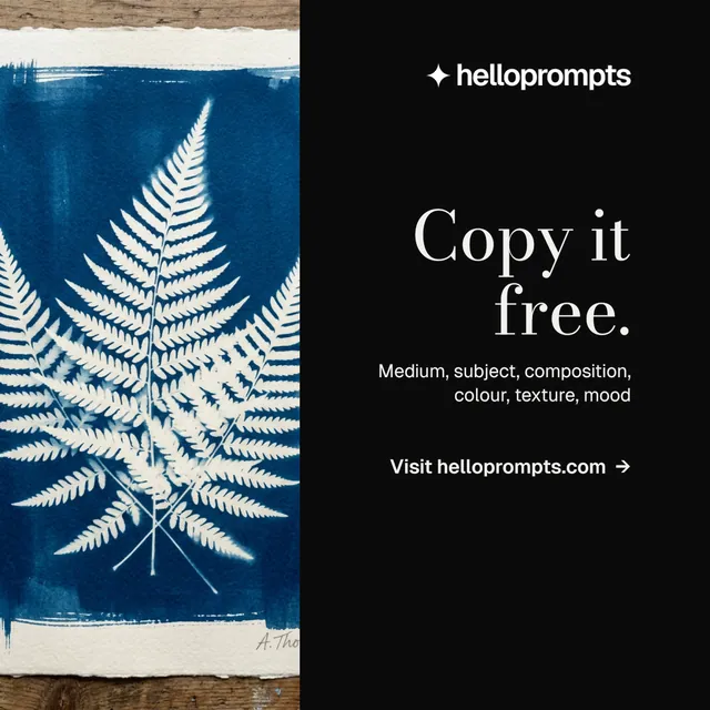 Instagram post for HelloPrompts: "Copy it free." Minimal luxury style, right layout, dark palette in black, blue, grey.