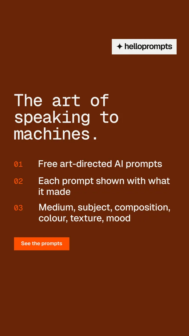 Instagram story for HelloPrompts: "The art of speaking to machines." Swiss style, numbered layout, dark palette in orange, brown.