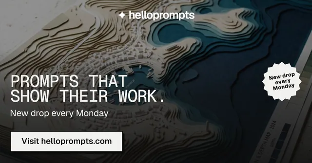 Social ad for HelloPrompts: "Prompts that show their work." Brutalist style, sticker layout, dark palette in black, grey.