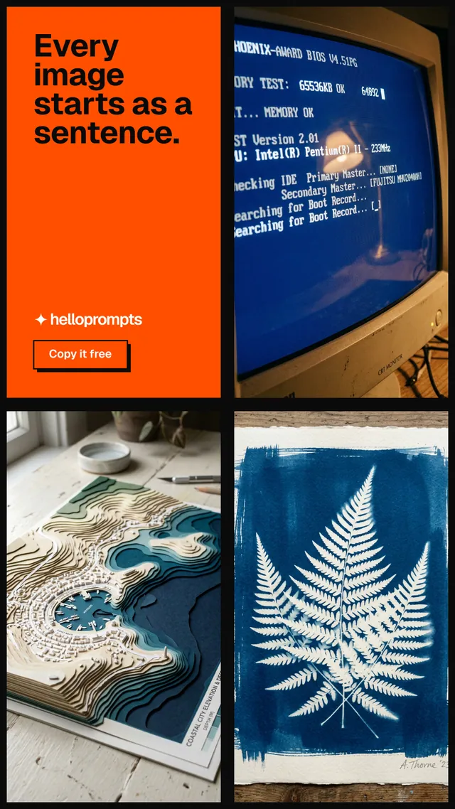 Instagram story for HelloPrompts: "Every image starts as a sentence." Brutalist style, collage layout, dark palette in blue, brown, grey.