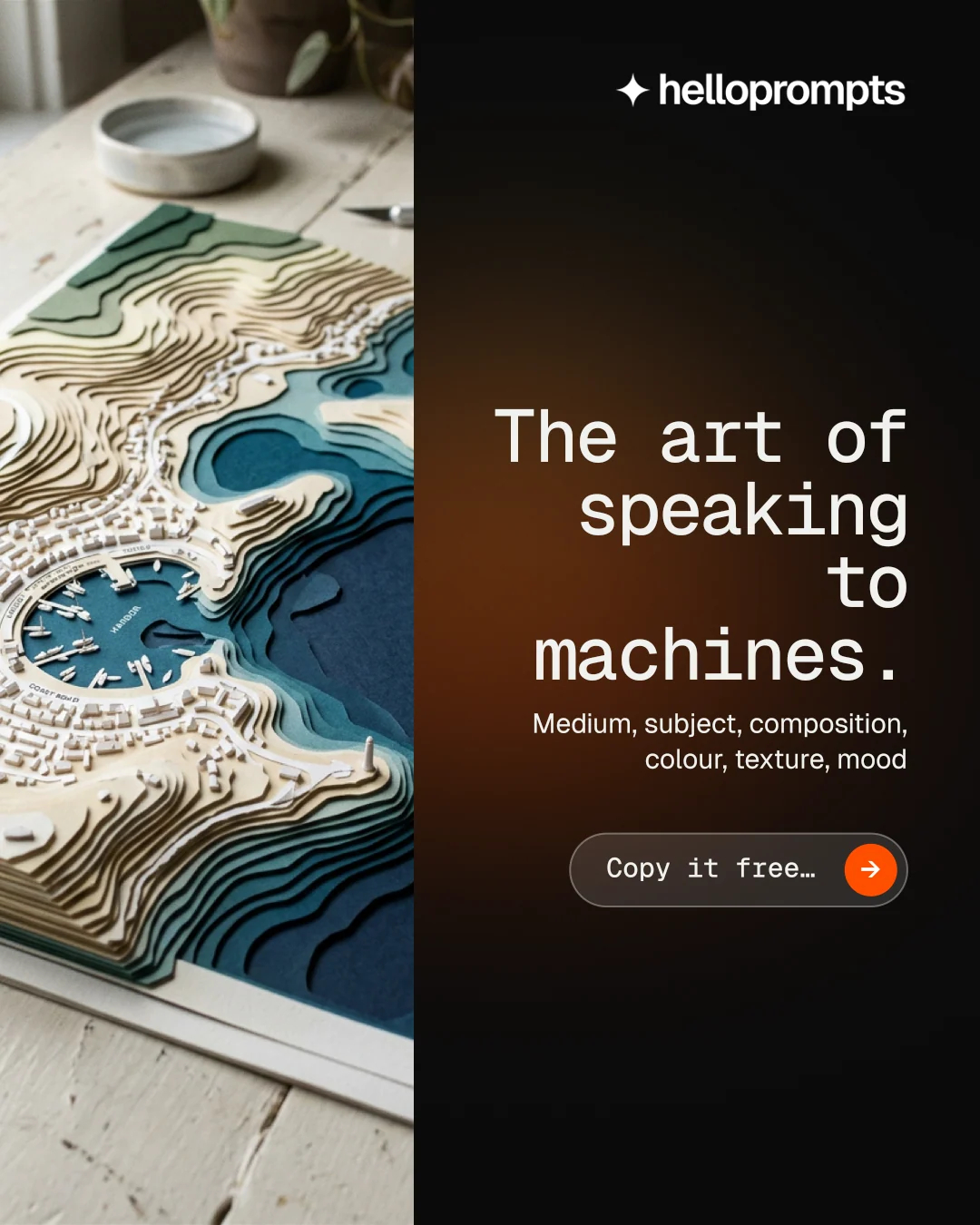 Instagram portrait post for HelloPrompts: "The art of speaking to machines." Agentic glass style, right layout, dark palette in black, grey.
