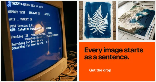 Social ad for HelloPrompts: "Every image starts as a sentence." Swiss style, collage layout, dark palette in blue, brown, grey.