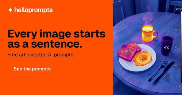 Social ad for HelloPrompts: "Every image starts as a sentence." Split block style, skeleton layout, dark palette in orange, pink, grey.