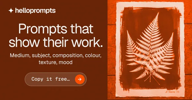 Social ad for HelloPrompts: "Prompts that show their work." Agentic glass style, skeleton layout, dark palette in orange.