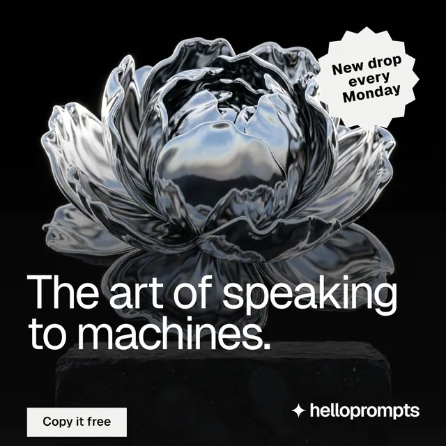 Instagram post for HelloPrompts: "The art of speaking to machines." Brutalist style, sticker layout, dark palette in grey, black.