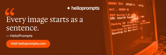 X header for HelloPrompts: "The art of speaking to machines." Y2K style, quote layout, dark palette in orange.