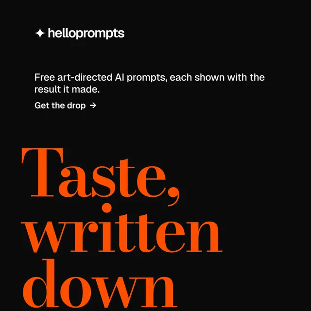 Instagram post for HelloPrompts: "Every image starts as a sentence." Minimal luxury style, oversized layout, dark palette in black, orange.