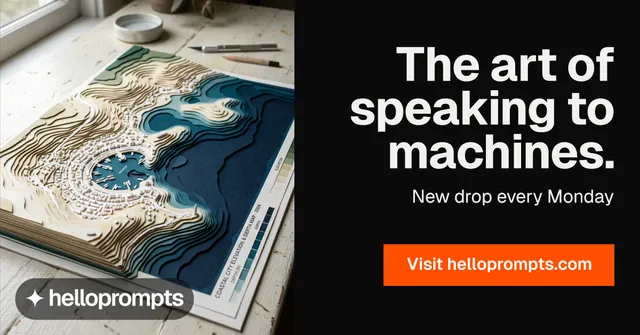 Social ad for HelloPrompts: "The art of speaking to machines." Swiss style, right layout, dark palette in black, grey.