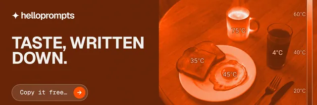 X header for HelloPrompts: "Taste, written down." Agentic glass style, bottom layout, dark palette in orange, brown.