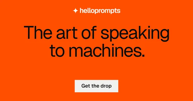 Social ad for HelloPrompts: "The art of speaking to machines." Swiss style, centred layout, dark palette in orange.