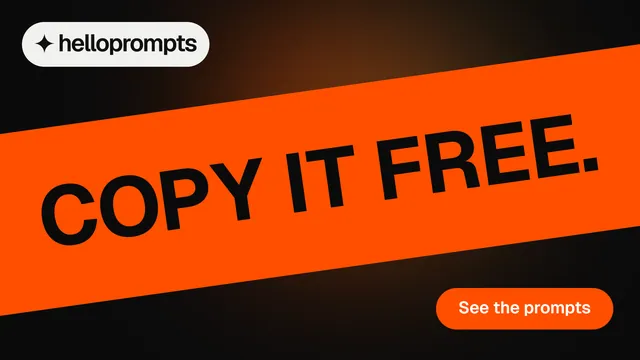 Landscape graphic for HelloPrompts: "Copy it free." Y2K style, diagonal layout, dark palette in orange, black.