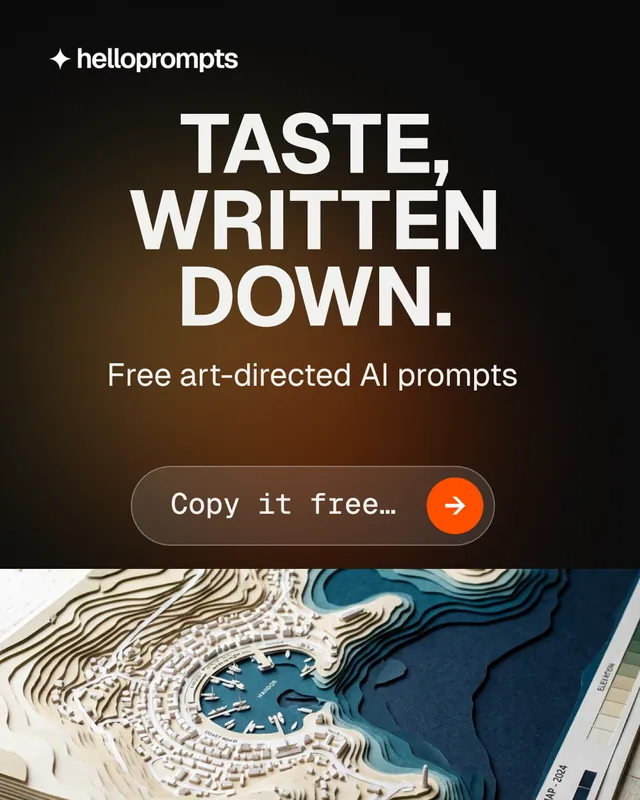 Instagram portrait post for HelloPrompts: "Taste, written down." Agentic glass style, skeleton layout, dark palette in black, grey, orange.