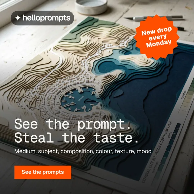 Instagram post for HelloPrompts: "See the prompt. Steal the taste." Split block style, sticker layout, dark palette in black, grey, orange.