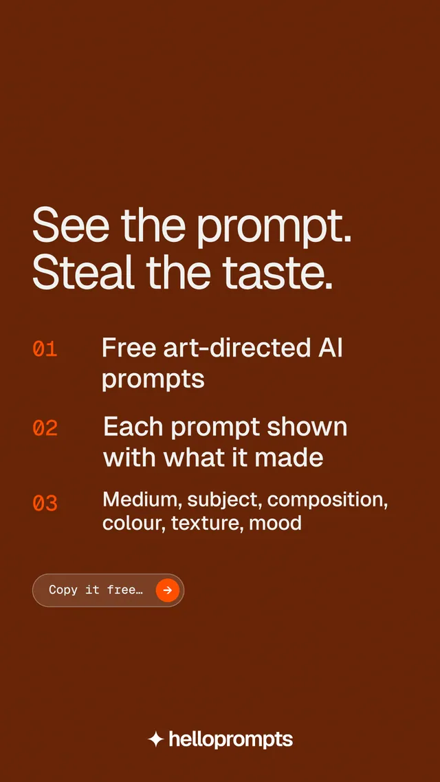 Instagram story for HelloPrompts: "See the prompt. Steal the taste." Agentic glass style, numbered layout, dark palette in orange, brown.