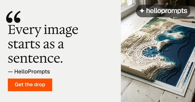 Social ad for HelloPrompts: "The sentence behind the image." Swiss style, quote layout, light palette in white, grey.