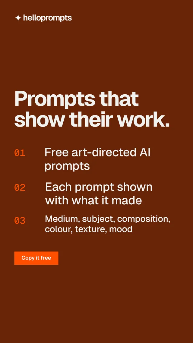 Instagram story for HelloPrompts: "Prompts that show their work." Swiss style, numbered layout, dark palette in orange, brown.