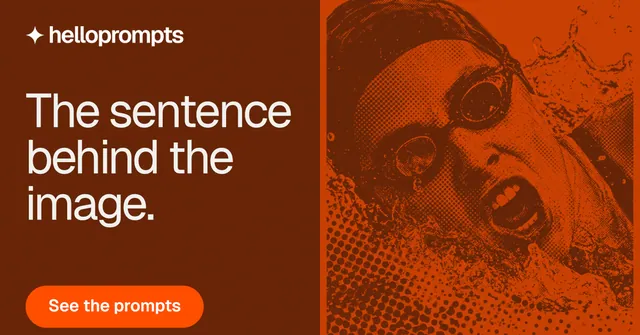 Social ad for HelloPrompts: "The sentence behind the image." Y2K style, bottom layout, dark palette in orange.