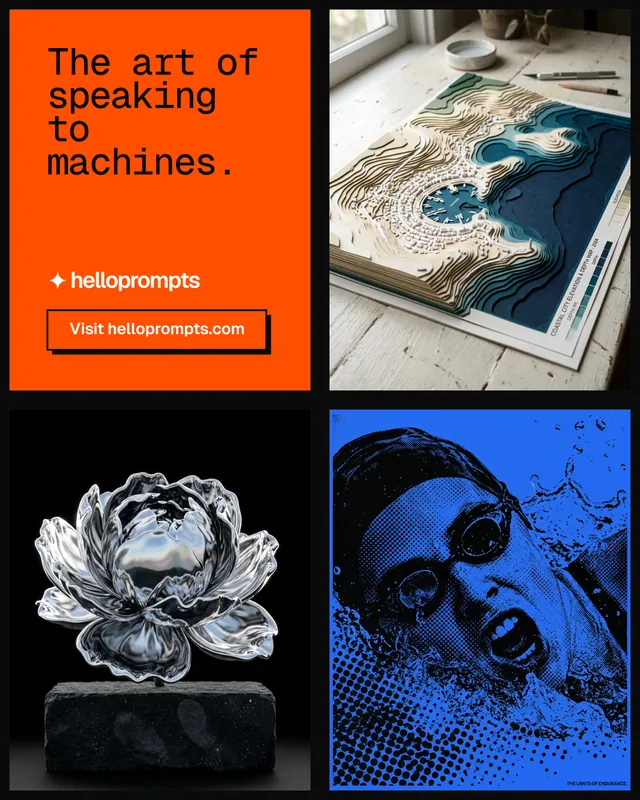 Instagram portrait post for HelloPrompts: "The art of speaking to machines." Brutalist style, collage layout, dark palette in black, blue, grey.