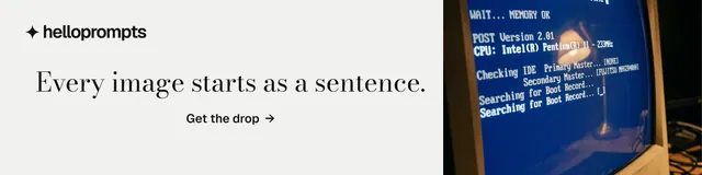 LinkedIn banner for HelloPrompts: "Every image starts as a sentence." Minimal luxury style, skeleton layout, light palette in white, blue, grey.