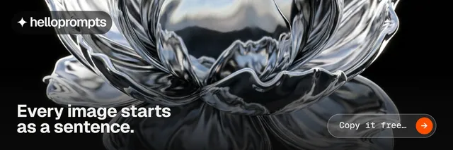 X header for HelloPrompts: "Every image starts as a sentence." Agentic glass style, image led layout, dark palette in black, grey.