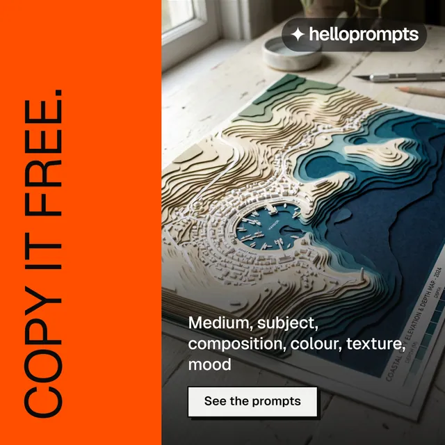 Instagram post for HelloPrompts: "Copy it free." Brutalist style, vertical layout, dark palette in orange, blue, grey.