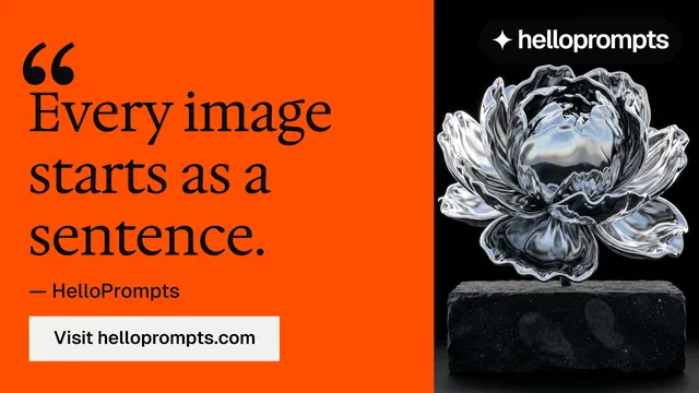Landscape graphic for HelloPrompts: "Taste, written down." Swiss style, quote layout, dark palette in orange, black.