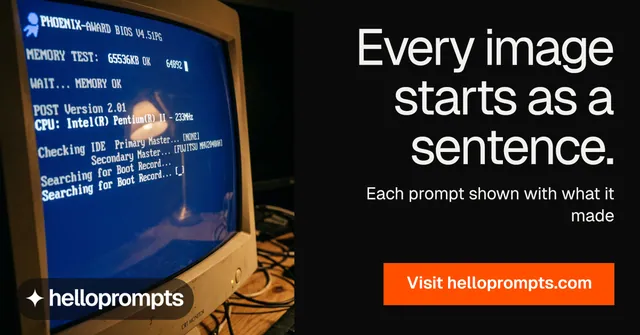 Social ad for HelloPrompts: "Every image starts as a sentence." Split block style, right layout, dark palette in black, blue, grey.