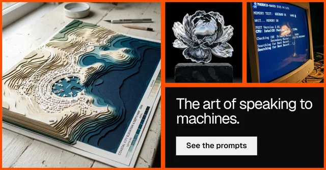 Social ad for HelloPrompts: "The art of speaking to machines." Swiss style, collage layout, dark palette in grey, black, blue.