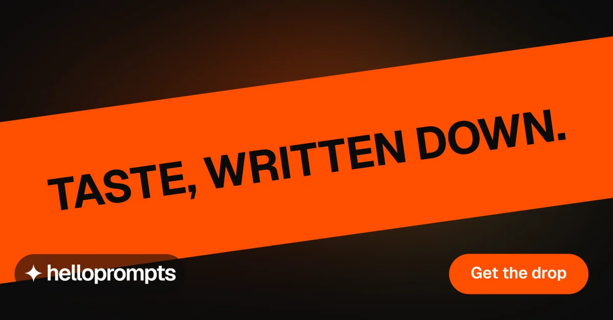 Social ad for HelloPrompts: "Taste, written down." Y2K style, diagonal layout, dark palette in orange, black.