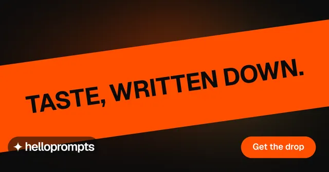 Social ad for HelloPrompts: "Taste, written down." Y2K style, diagonal layout, dark palette in orange, black.