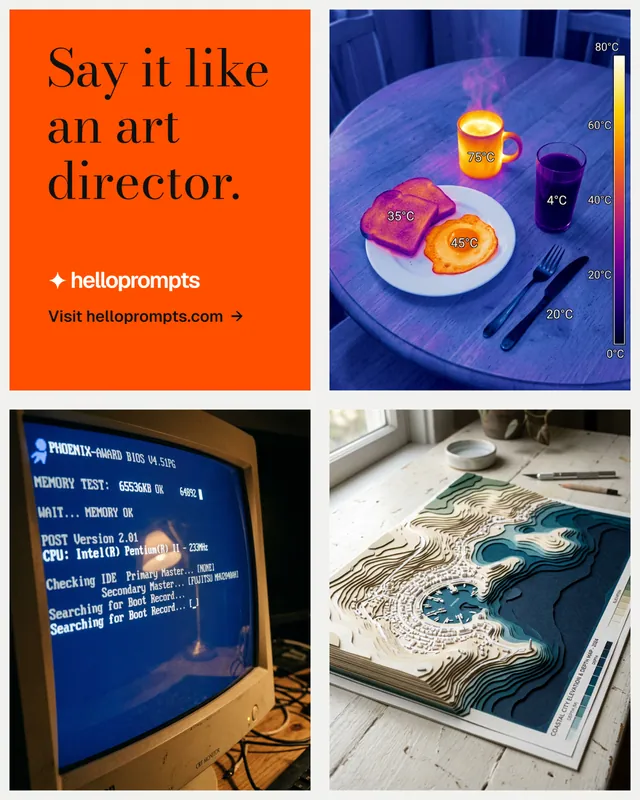 Instagram portrait post for HelloPrompts: "Say it like an art director." Minimal luxury style, collage layout, dark palette in blue, red, orange.