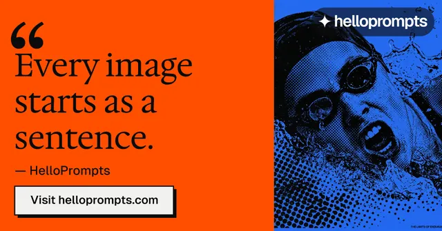 Social ad for HelloPrompts: "Taste, written down." Brutalist style, quote layout, dark palette in orange, blue, grey.