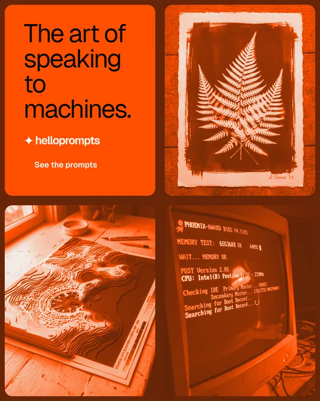 Instagram portrait post for HelloPrompts: "The art of speaking to machines." Y2K style, collage layout, dark palette in orange.