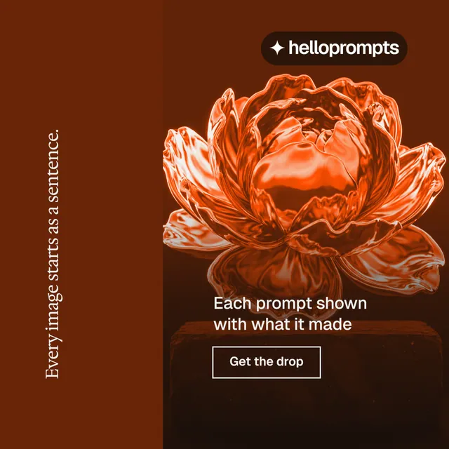 Instagram post for HelloPrompts: "Every image starts as a sentence." Editorial style, vertical layout, dark palette in orange, black, brown.