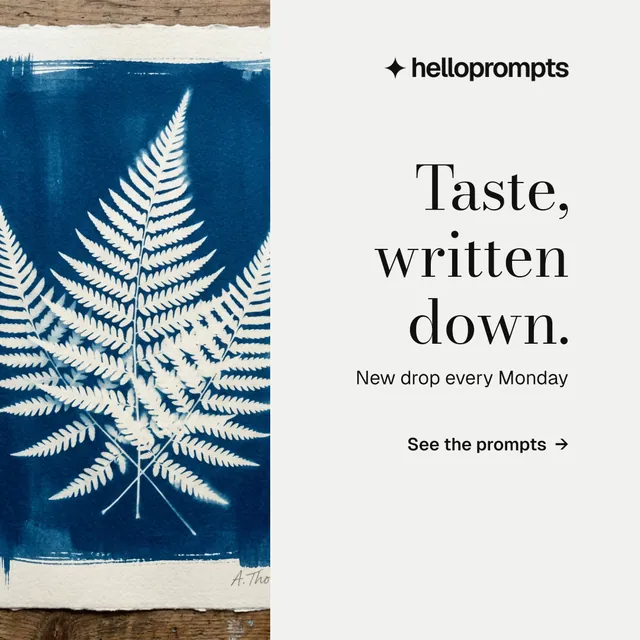 Instagram post for HelloPrompts: "Taste, written down." Minimal luxury style, right layout, light palette in white, blue, grey.