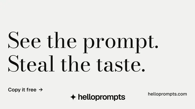 Landscape graphic for HelloPrompts: "See the prompt. Steal the taste." Minimal luxury style, poster layout, light palette in white, grey.