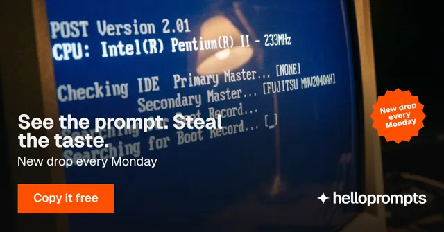 Social ad for HelloPrompts: "See the prompt. Steal the taste." Swiss style, sticker layout, dark palette in blue, grey, black.