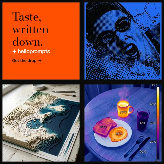 Instagram post for HelloPrompts: "Taste, written down." Minimal luxury style, collage layout, dark palette in blue, grey, red.