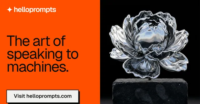 Social ad for HelloPrompts: "The art of speaking to machines." Brutalist style, bottom layout, dark palette in orange, black, grey.