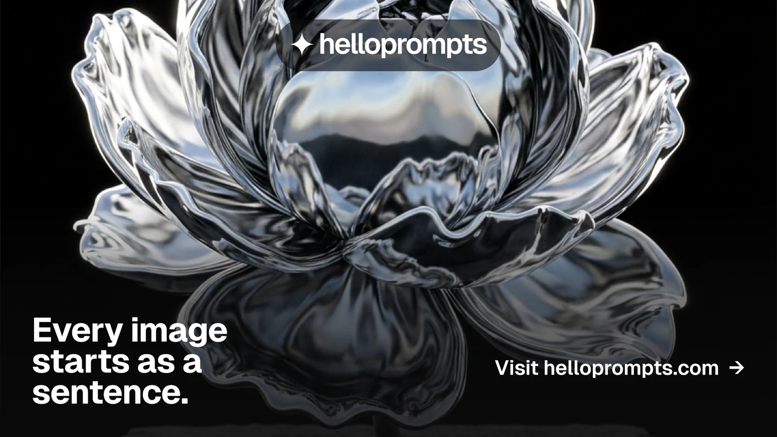 Landscape graphic for HelloPrompts: "Every image starts as a sentence." Swiss style, image led layout, dark palette in black, grey.