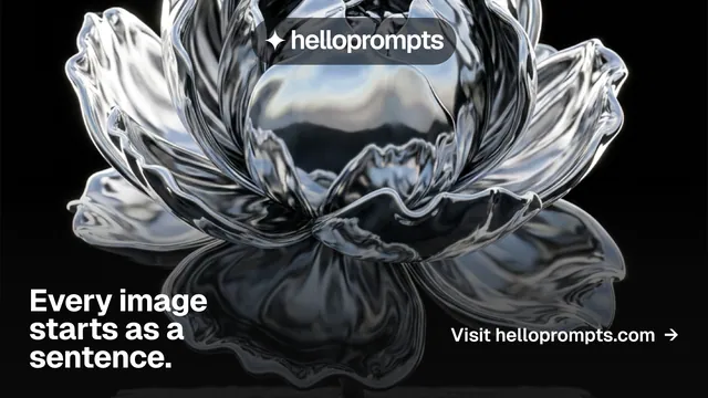 Landscape graphic for HelloPrompts: "Every image starts as a sentence." Swiss style, image led layout, dark palette in black, grey.