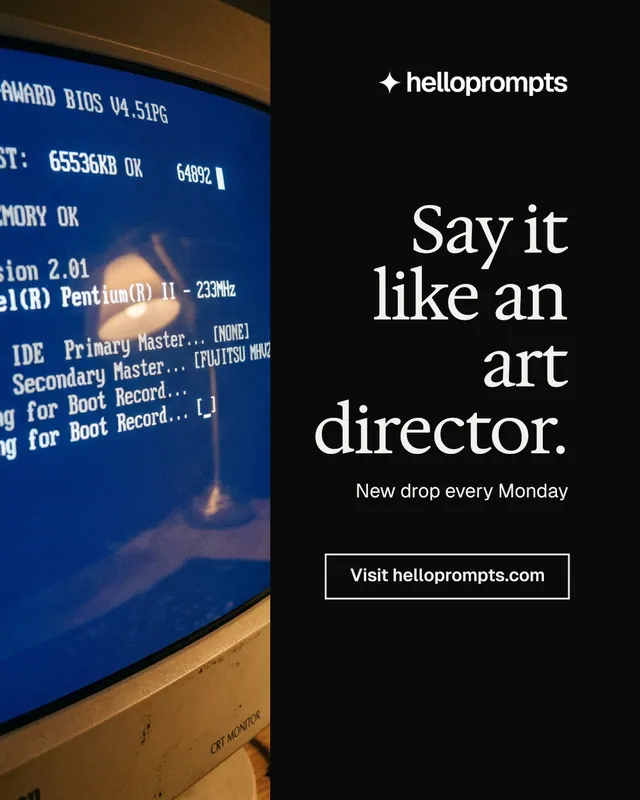 Instagram portrait post for HelloPrompts: "Say it like an art director." Editorial style, right layout, dark palette in black, blue, grey.